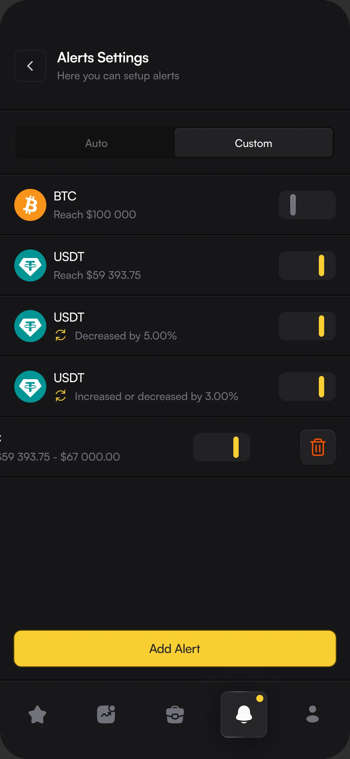 KeepCoin price alerts settings screen