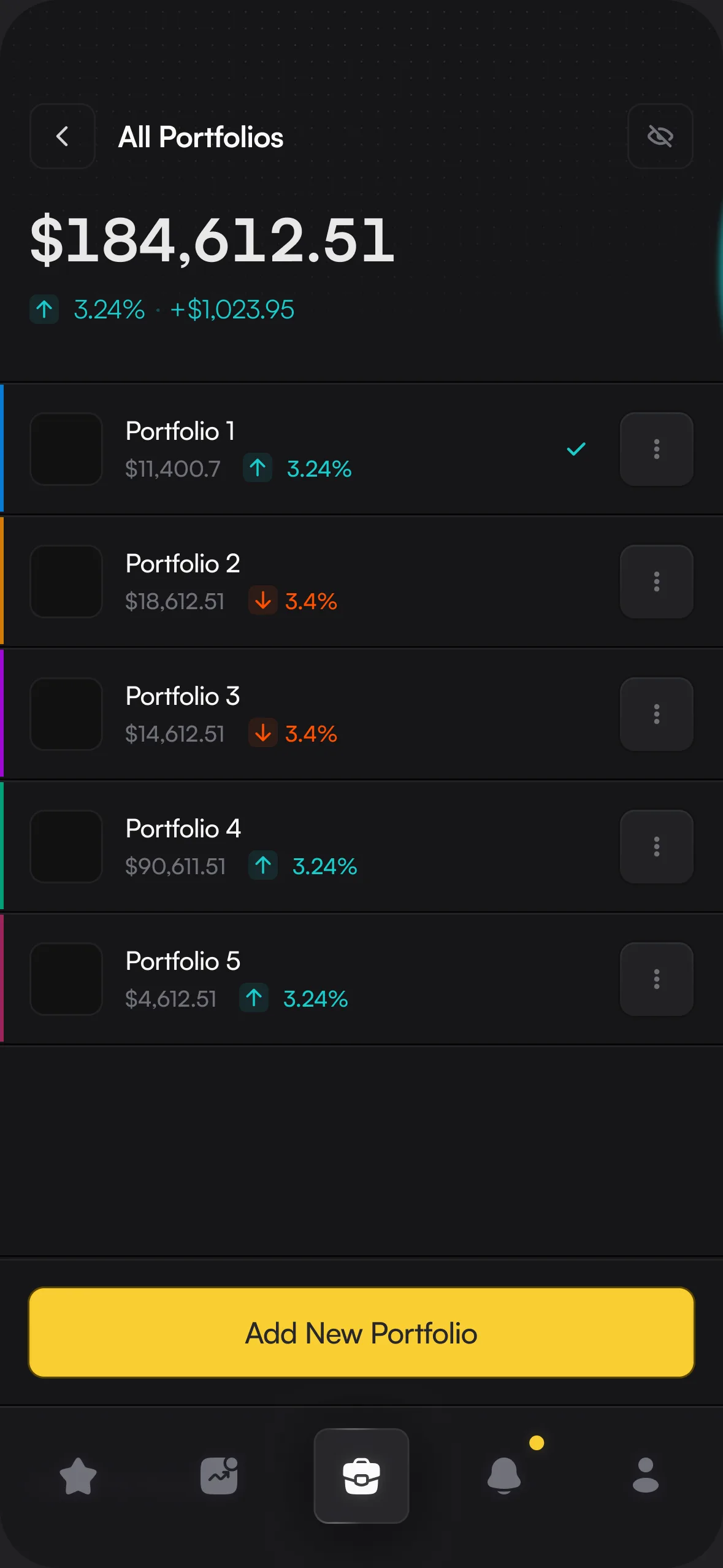 KeepCoin All Portfolios screen with five portfolios and their balances